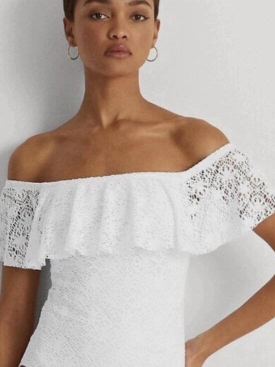 NWT! Ralph Lauren White Lace Crochet Off Shoulder One Piece Swimsuit NEW! - Picture 4 of 5
